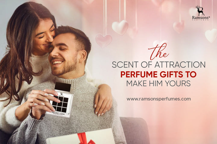 Young smiling couple holding a secret code perfume bottle, sharing an intimate moment. Ramsons Perfumes gift for men – The scent of attraction. Perfect fragrance gifts to make him yours. Shop now!