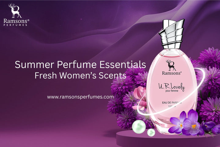 Ramsons Perfumes U.R. Lovely fresh summer women’s perfume displayed with purple flowers on a promotional background.