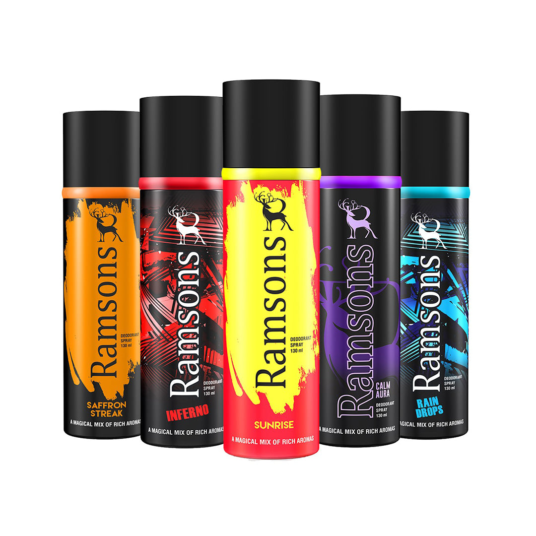 Calm Aura, Inferno, Rain Drops, Saffron & Sunrise Deo Combo Pack - 5 x  130ML